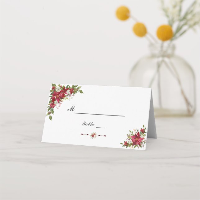 Christmas Red White Poinsettia Weddin Tischnummer Platzkarte (Vorderseite)