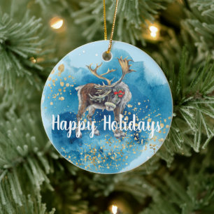 Christmas Reindeer Blue Splash Keramik Ornament