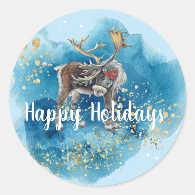 Christmas Reindeer Blue Splash Runder Aufkleber (Vorderseite)