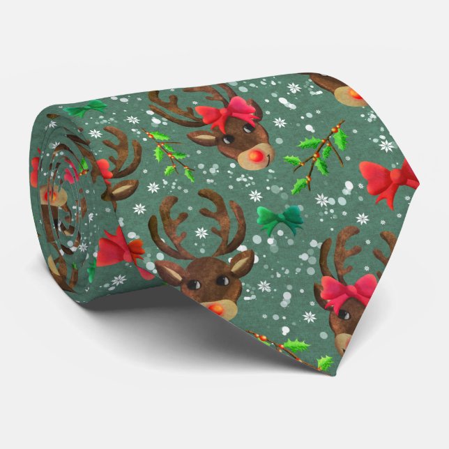 Christmas Reindeer Forest green     Krawatte (Gerollt)