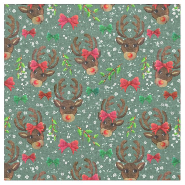 Christmas Reindeer Forest Green Stoff (Nahaufnahme)