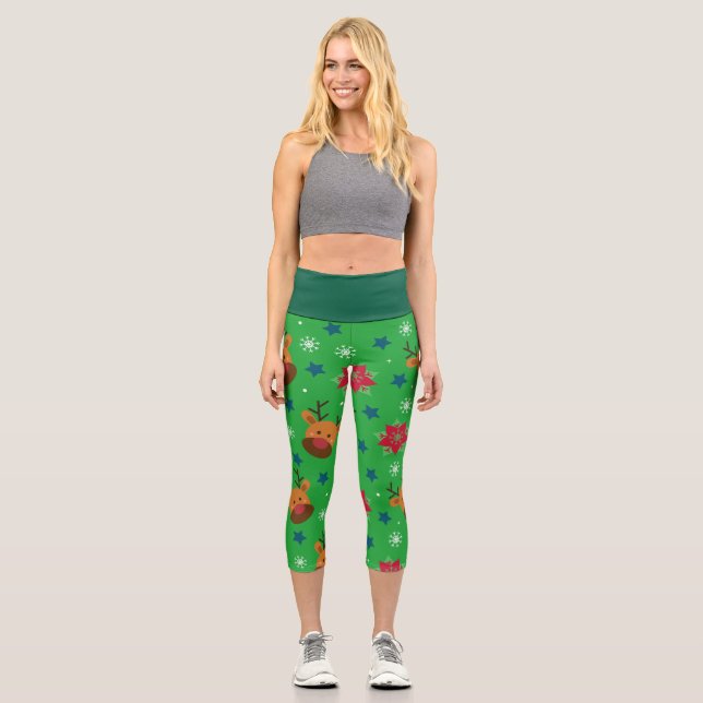 Christmas Reindeer High-Waisted  Capri Leggings (Vorderseite)