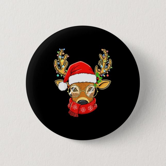 Christmas Reindeer Lights Gles Santa Hat Deer Xmas Button (Vorderseite)