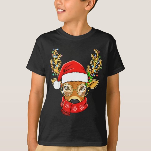 Christmas Reindeer Lights Gles Santa Hat Deer Xmas T-Shirt (Vorderseite)