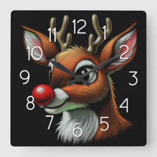 Christmas Reindeer Red Nose Rudolph Quadratische Wanduhr