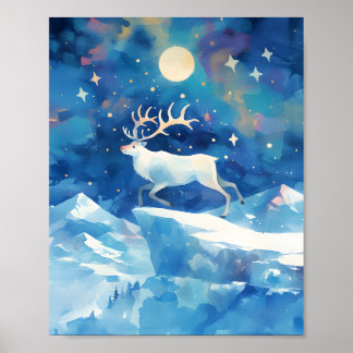 Christmas Reindeer Snow Watercolor Painting Art Poster