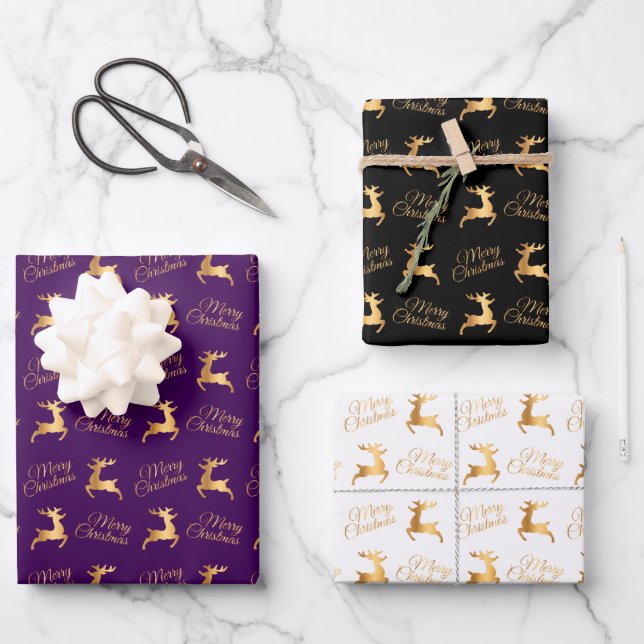 Christmas Reindeers on Purple, Black and White Geschenkpapier Set (Vorderseite)