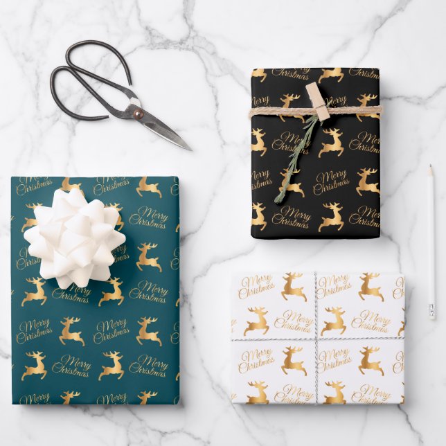 Christmas Reindeers on Teal, Black and White Geschenkpapier Set (Vorderseite)