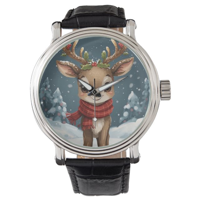 christmas reinder engraved modern leather elegant  armbanduhr (Vorderseite)