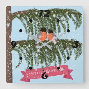 Christmas , Retro , Bullfinches Quadratische Wanduhr