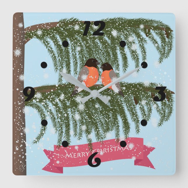 Christmas , Retro , Bullfinches Quadratische Wanduhr (Vorderseite)