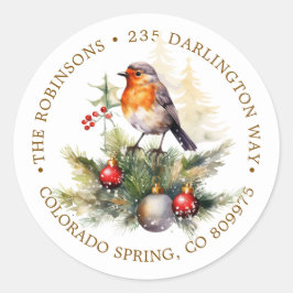 Christmas Robin Pine Baubles Return Address Label Runder Aufkleber