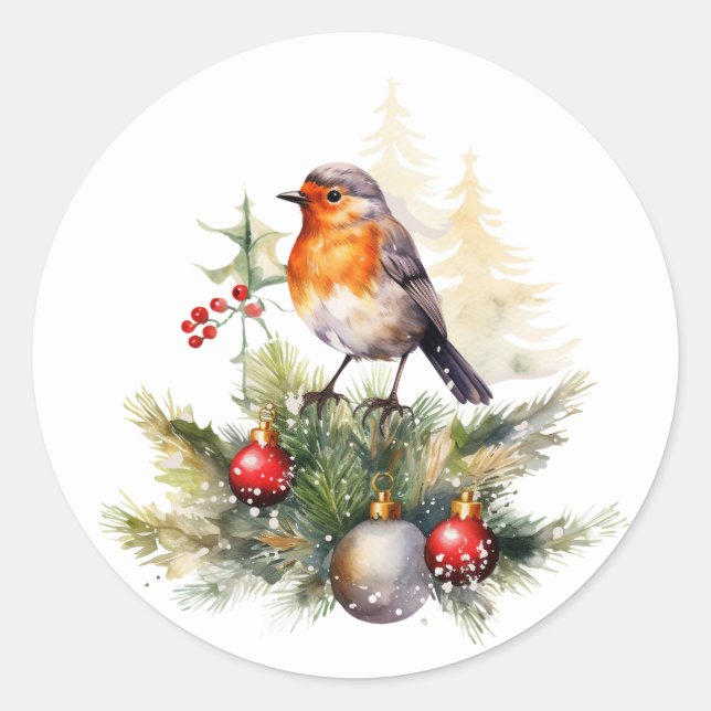 Christmas Robin Pine Baubles Runder Aufkleber (Vorderseite)