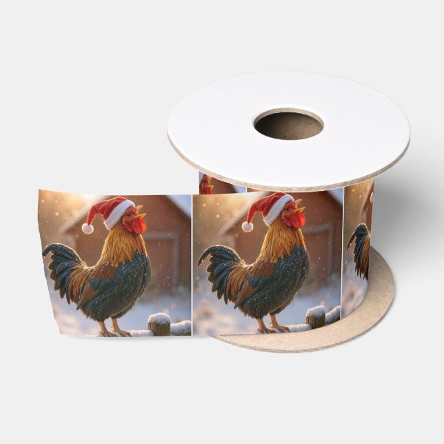 Christmas Rooster Crowing On a Snowy Fence Satinband (Spule)