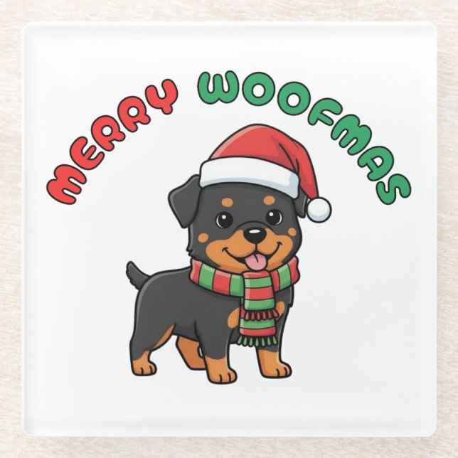 Christmas Rottweiler Untersetzer: Frohe Woofmas Glasuntersetzer (Vorderseite)
