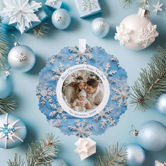 Christmas Round Blue Snowflake Foto Ornament Karte (Christmas Tree Decoration)