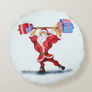 Christmas Round Pillow Bodybuilder Santa with Gift Rundes Kissen
