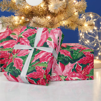 Christmas Ruby Pink Poinsettia N Leaves Pattern Geschenkpapier