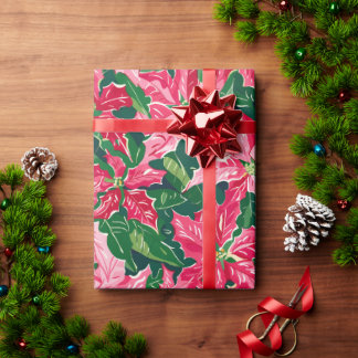 Christmas Ruby Pink Poinsettia N Leaves Pattern Geschenkpapier