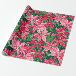 Christmas Ruby Pink Poinsettia N Leaves Pattern Geschenkpapier