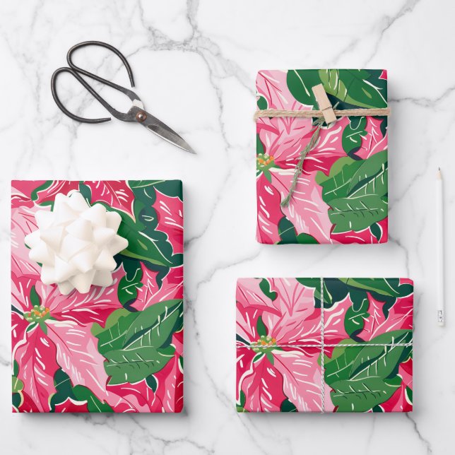 Christmas Ruby Pink Poinsettia N Leaves Pattern Geschenkpapier Set (Vorderseite)
