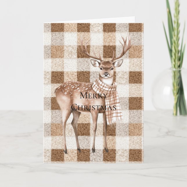 Christmas Rustic Cream Brown Plaid Deer Karte (Vorderseite)
