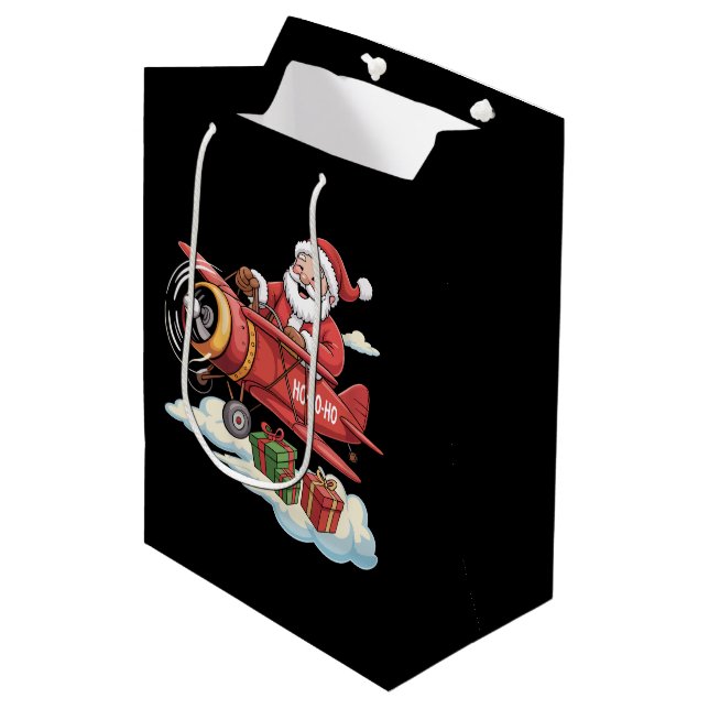 Christmas Santa Claus Pilot Flying Airplane Gift Mittlere Geschenktüte (Vorderseite Schrägansicht)