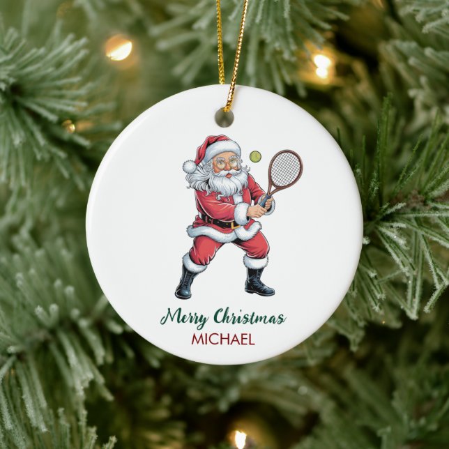 Christmas Santa claus playing tennis Personalized Keramik Ornament (Baum)