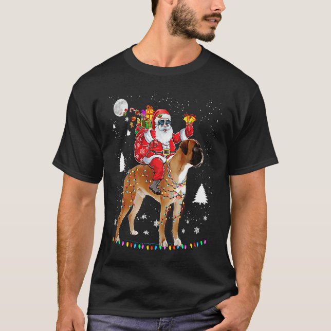 Christmas Santa Claus Riding Boxer Dog Lights Xmas T-Shirt (Vorderseite)
