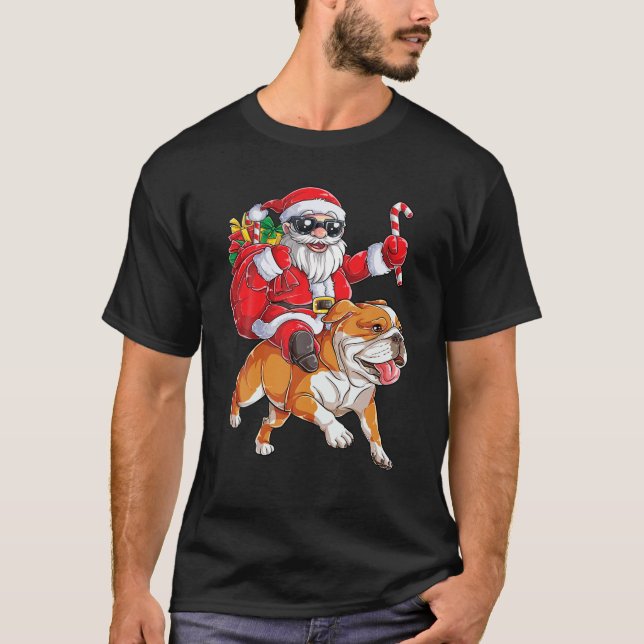 Christmas Santa Claus Riding English Bulldog Xmas T-Shirt (Vorderseite)