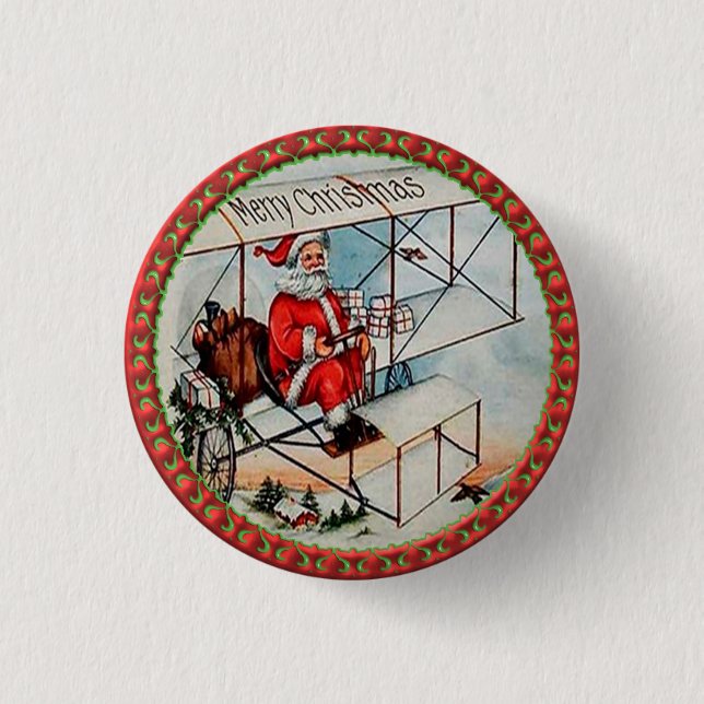 Christmas Santa flying a old airplane Button (Vorderseite)