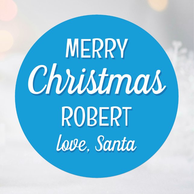 Christmas Santa Individuelle Name Typografie Blue Runder Aufkleber (Von Creator hochgeladen)