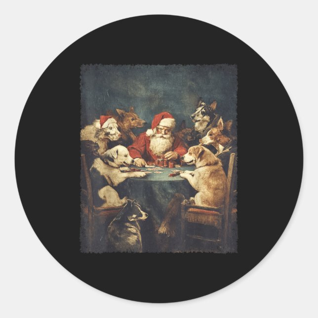 Christmas Santa Playing Cards Dogs Playing Ker  Runder Aufkleber (Vorderseite)