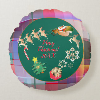 Christmas Santa's Reindeer Plaid Paper Plate Rundes Kissen
