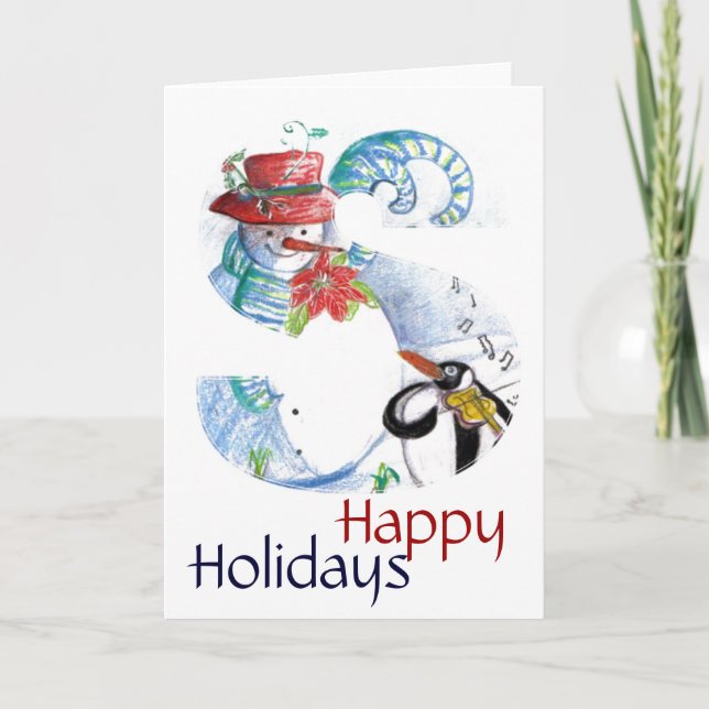 CHRISTMAS-SCHREIBEN ,PENGUINS SERENADE-MONOGRAMM FEIERTAGSKARTE (Vorderseite)