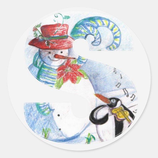 CHRISTMAS-SCHREIBEN ,PENGUINS SERENADE-MONOGRAMM RUNDER AUFKLEBER (Vorderseite)