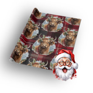 Christmas Scottish Tartan dunkelrot Highlander Cow Geschenkpapier