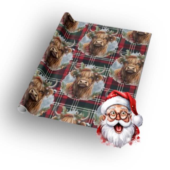 Christmas Scottish Tartan Green Red Highlander Geschenkpapier (Merry Christmas Cow)