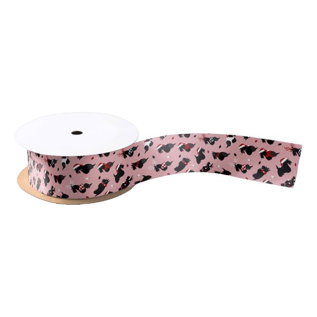 Christmas Scottish Terrier Pink Satinband (Spule)
