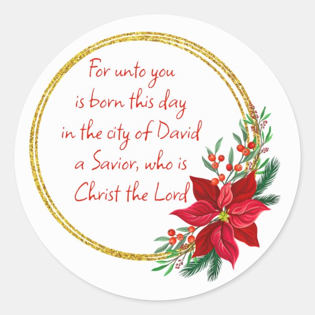 Christmas Scripture Luke 2:11 Pointsettia Runder Aufkleber (Vorderseite)