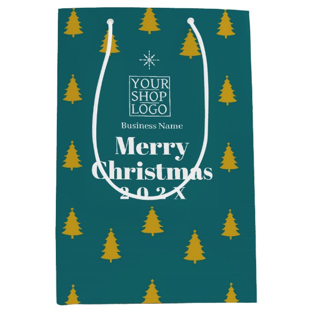 Christmas Season Trees Business Logo Teal Mittlere Geschenktüte (Vorderseite)