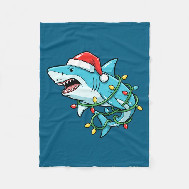 Christmas Shark Santa Hat Wrapped In Lights Funny  Fleecedecke (Vorderseite)