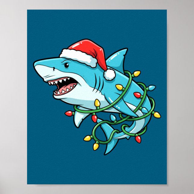 Christmas Shark Santa Hat Wrapped In Lights Funny  Poster (Vorne)