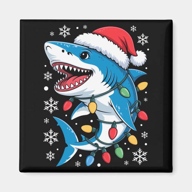 Christmas Shark Santa Hat Wrapped Lights Holiday S Magnet (Vorne)