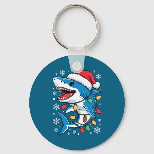 Christmas Shark Santa Hat Wrapped Lights Holiday S Schlüsselanhänger (Vorderseite)