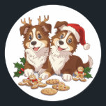 Christmas Shetland Sheepdogs Runder Aufkleber<br><div class="desc">Niedliche Abbildung der zu Weihnachten verkleideten Shetland-Schafhunde. Ideal für Hundeliebhaber oder Hundeeltern während der Ferienzeit.</div>