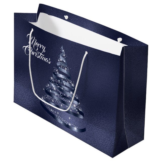 Christmas Shiny Blue Ribbon Tree Sparkle Große Geschenktüte (Vorderseite Schrägansicht)