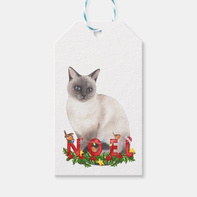 Christmas Siamese Cat Watercolor Geschenkanhänger (Vorderseite)