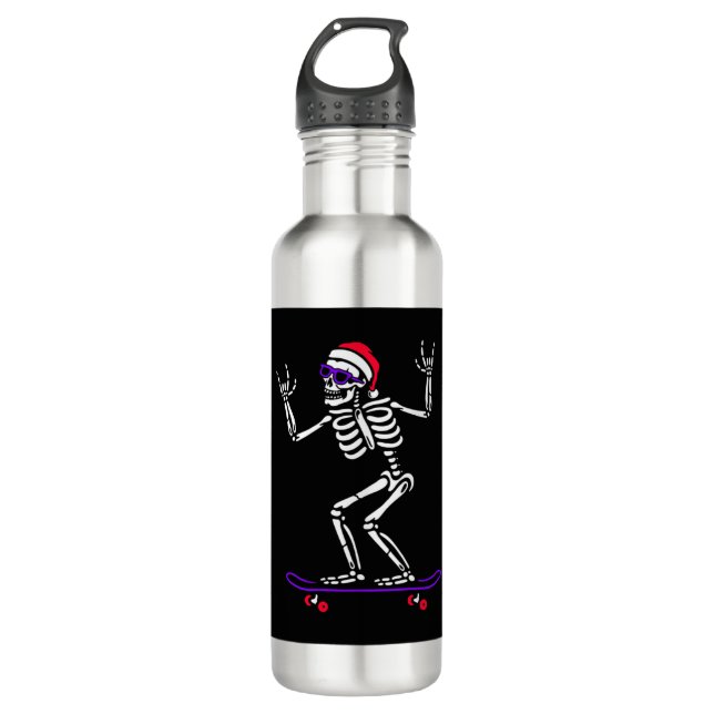 CHRISTMAS SKELETON AUF SKATEBOARD FUNNY XMAS EDELSTAHLFLASCHE (Vorderseite)