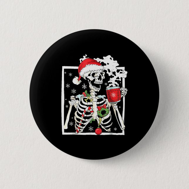 Christmas Skeleton With Smiling Skull Drinking Cof Button (Vorderseite)